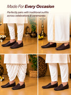 Men Brown Textured Festive Wedding Classic Prom Slip On Mojaris | Soft Inner Lining Ethnic Juttis for Kurta | Traditional Outfit Slip-Ons with Memory Cushioned Insole