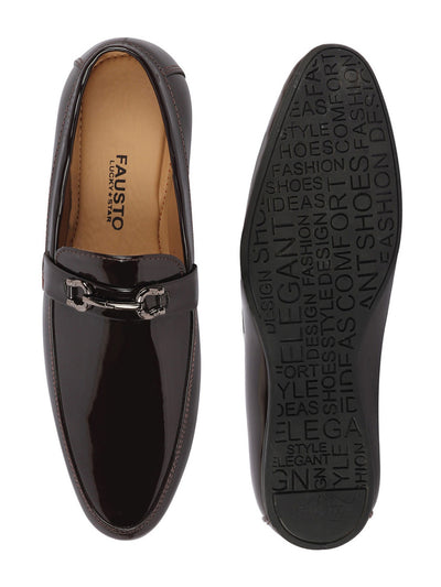 Shop Men Brown Patent Leather Horsebit Buckle Formal Loafer Shoes Online.