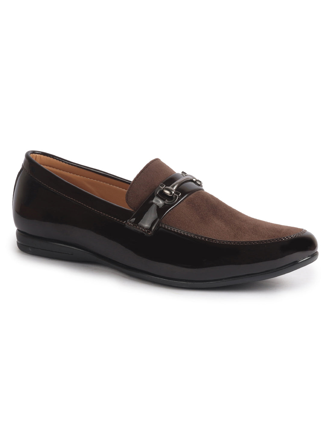 men brown patent leather velvet horsebit classic formal buckle loafer shoes