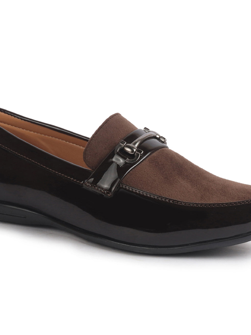 men brown patent leather velvet horsebit classic formal buckle loafer shoes