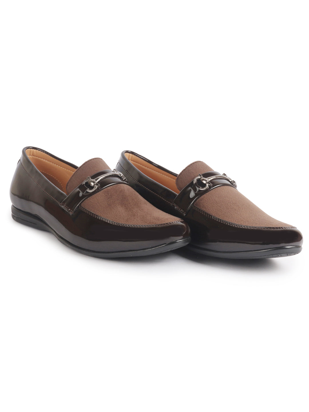 men brown patent leather velvet horsebit classic formal buckle loafer shoes