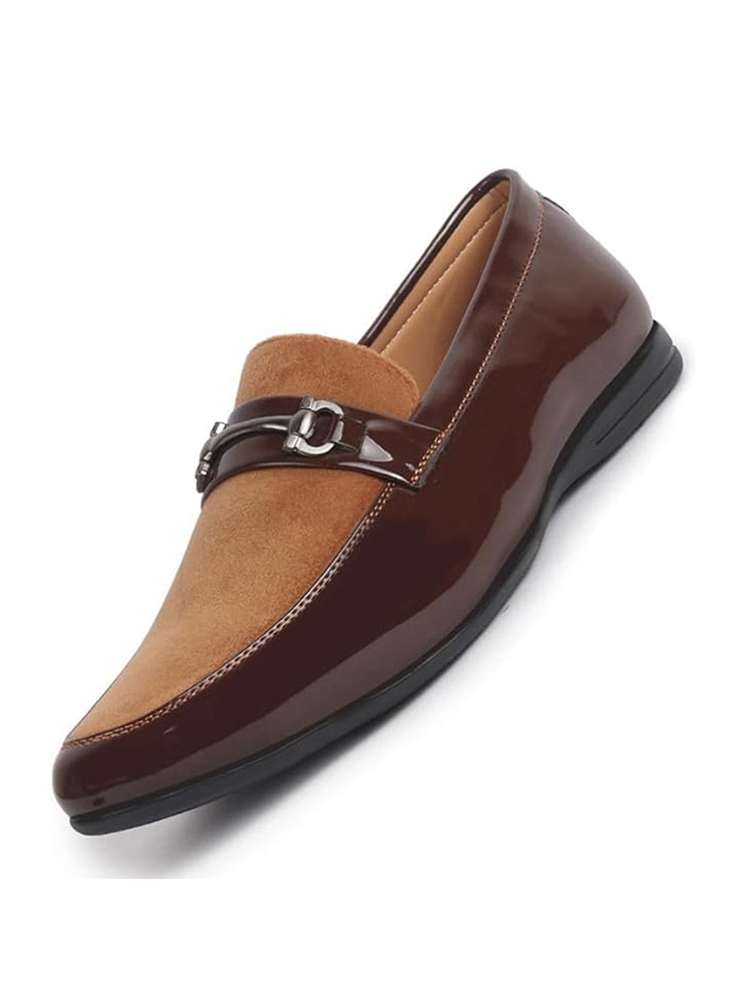 Men Tan Patent Leather Velvet Horsebit Classic Formal Buckle Loafer Shoes