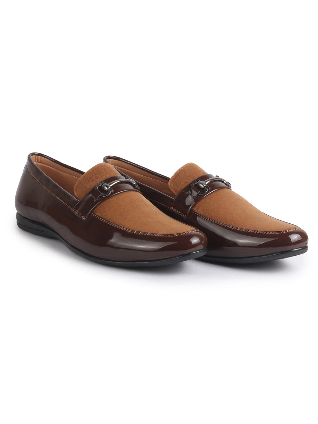 Men Tan Patent Leather Velvet Horsebit Classic Formal Buckle Loafer Shoes