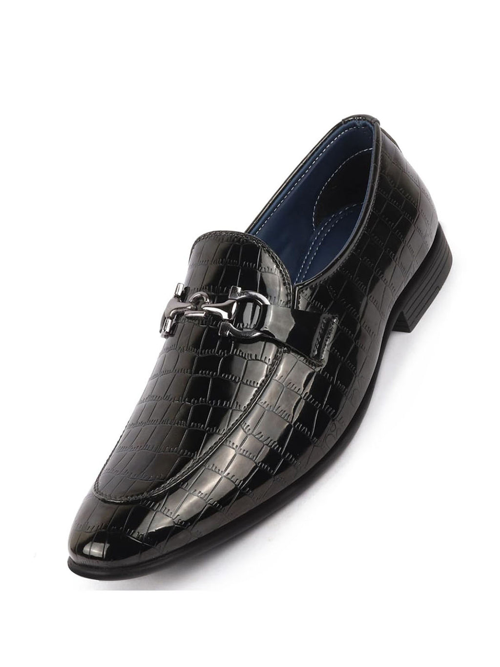Men Black Party Formal Patent Leather Embossed Design Buckle Slip On Loafer Shoes