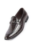 Men Brown Party Formal Patent Leather Embossed Design Buckle Slip On Loafer Shoes