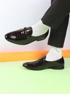 Shop Men Brown Party Formal Patent Leather Embossed Design Buckle Slip On Loafer Shoes Online.
