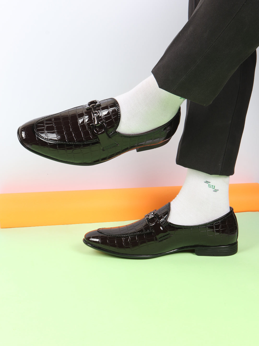Shop Men Brown Party Formal Patent Leather Embossed Design Buckle Slip On Loafer Shoes Online.