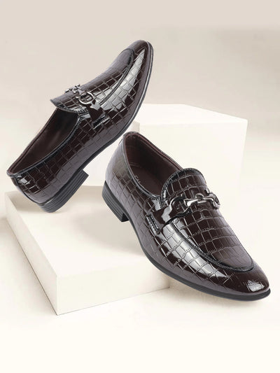 Men Brown Party Formal Patent Leather Embossed Design Buckle Slip On Loafer Shoes