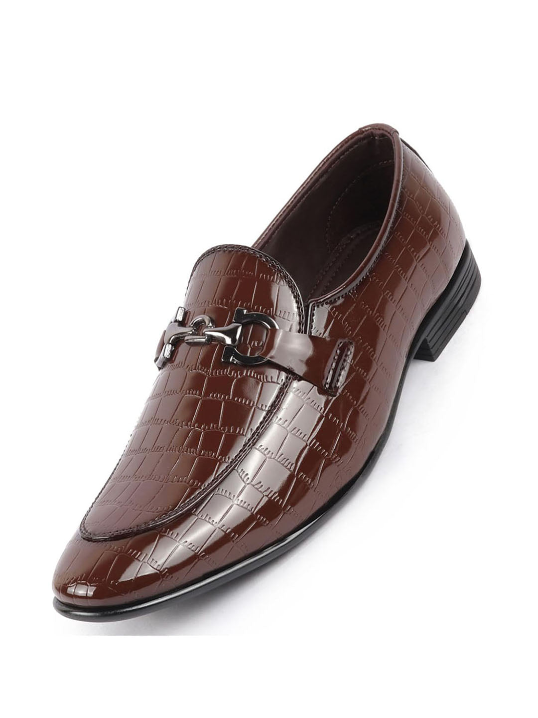 Shop Men Tan Party Formal Patent Leather Embossed Design Buckle Slip On Loafer Shoes Online.