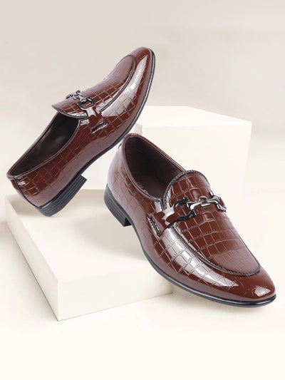 Men Tan Party Formal Patent Leather Embossed Design Buckle Slip On Loafer Shoes