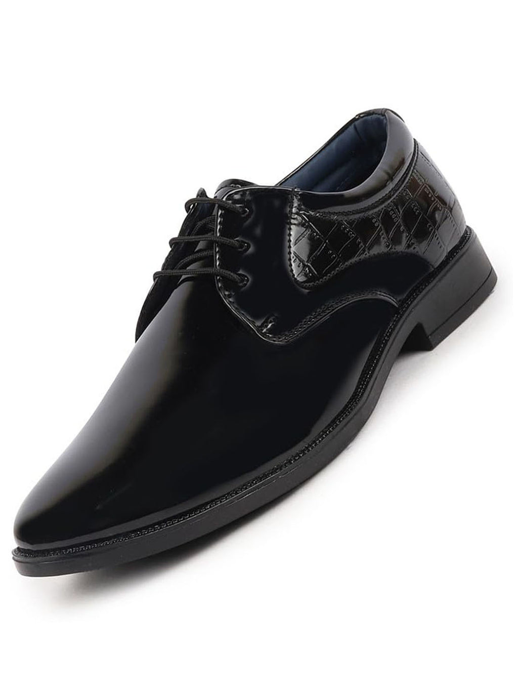 Men Black Patent Leather Party Formal Embossed Design Office Lace Up Derby Shoes