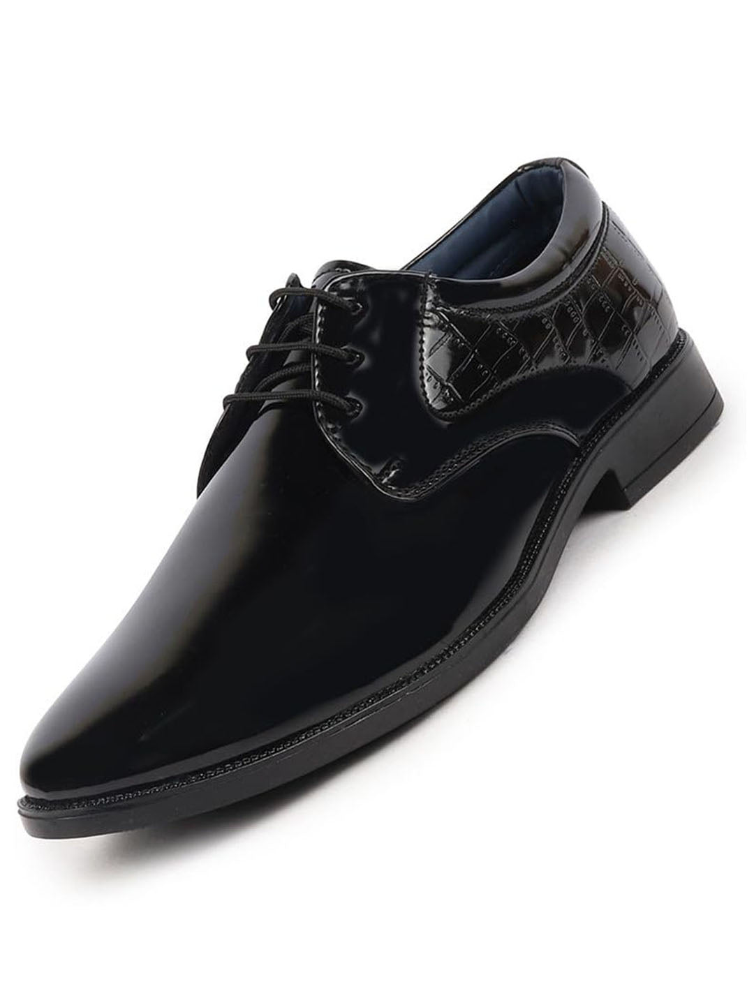 Men Black Patent Leather Party Formal Embossed Design Office Lace Up Derby Shoes