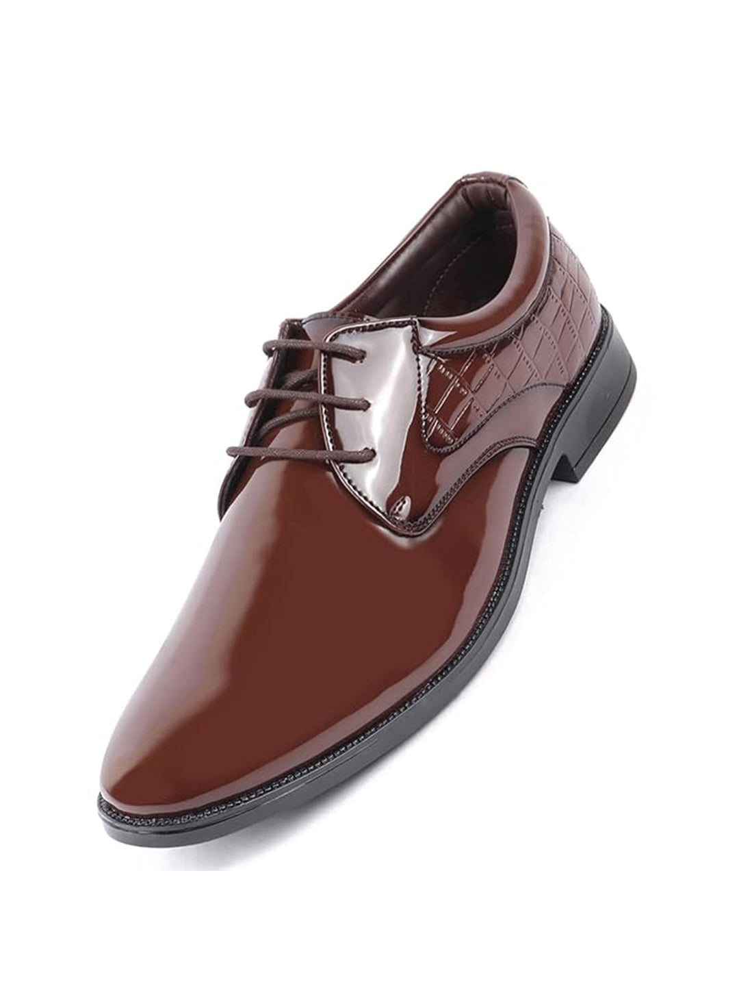 Men Tan Patent Leather Party Formal Embossed Design Office Lace Up Derby Shoes