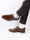 Men Tan Patent Leather Party Formal Embossed Design Office Lace Up Derby Shoes