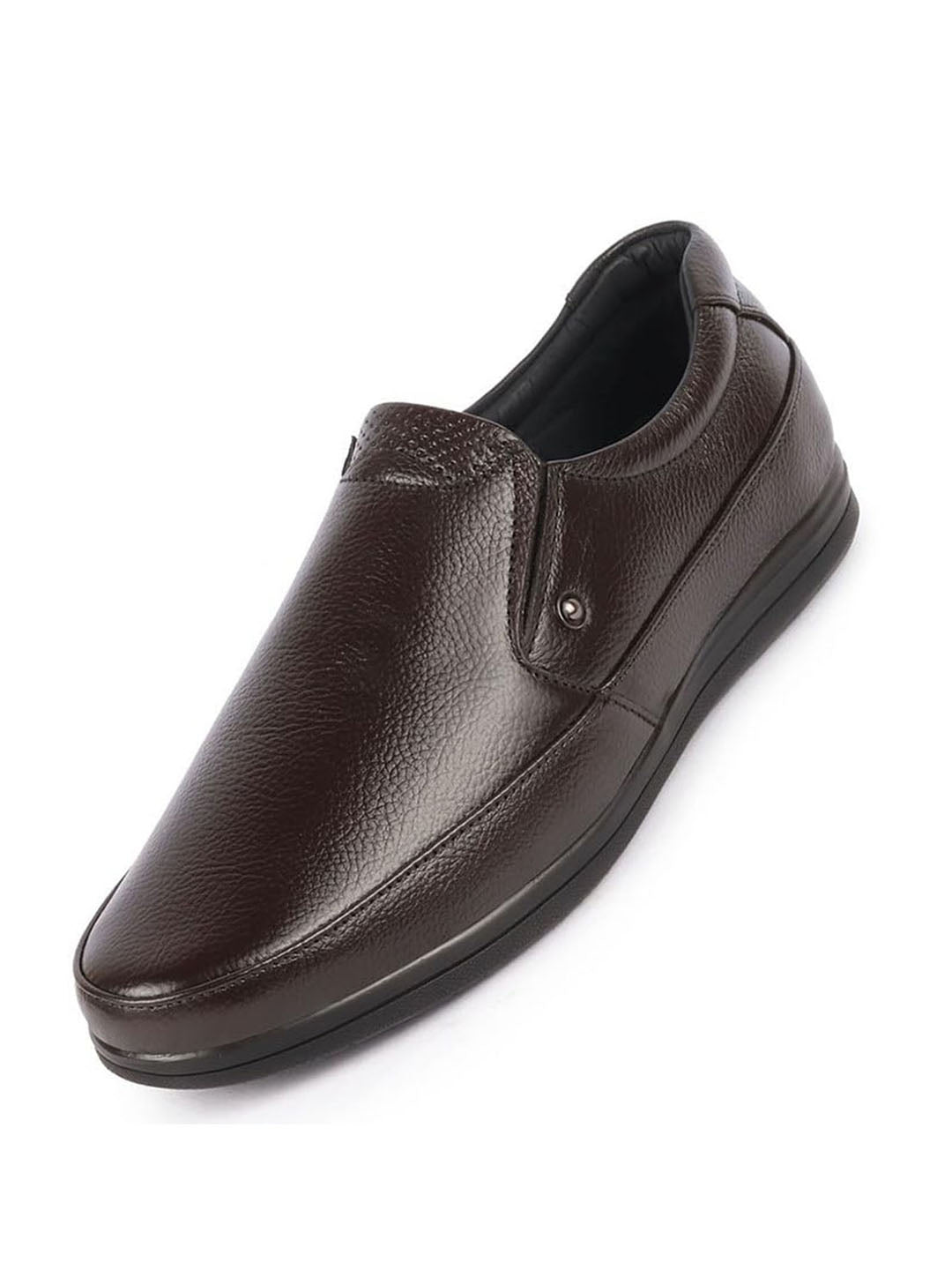 Shop Men Brown Genuine Leather Formal Office Comfort Broad Feet Side Stitched Slip On Shoes Online.