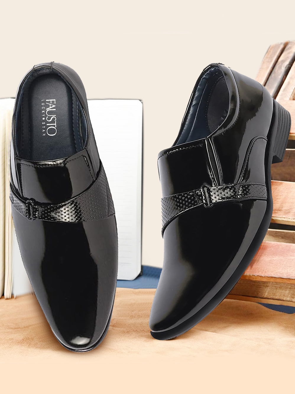 shop men black patent leather shine buckle strap party wedding dress tuxedo slip on shoes online.