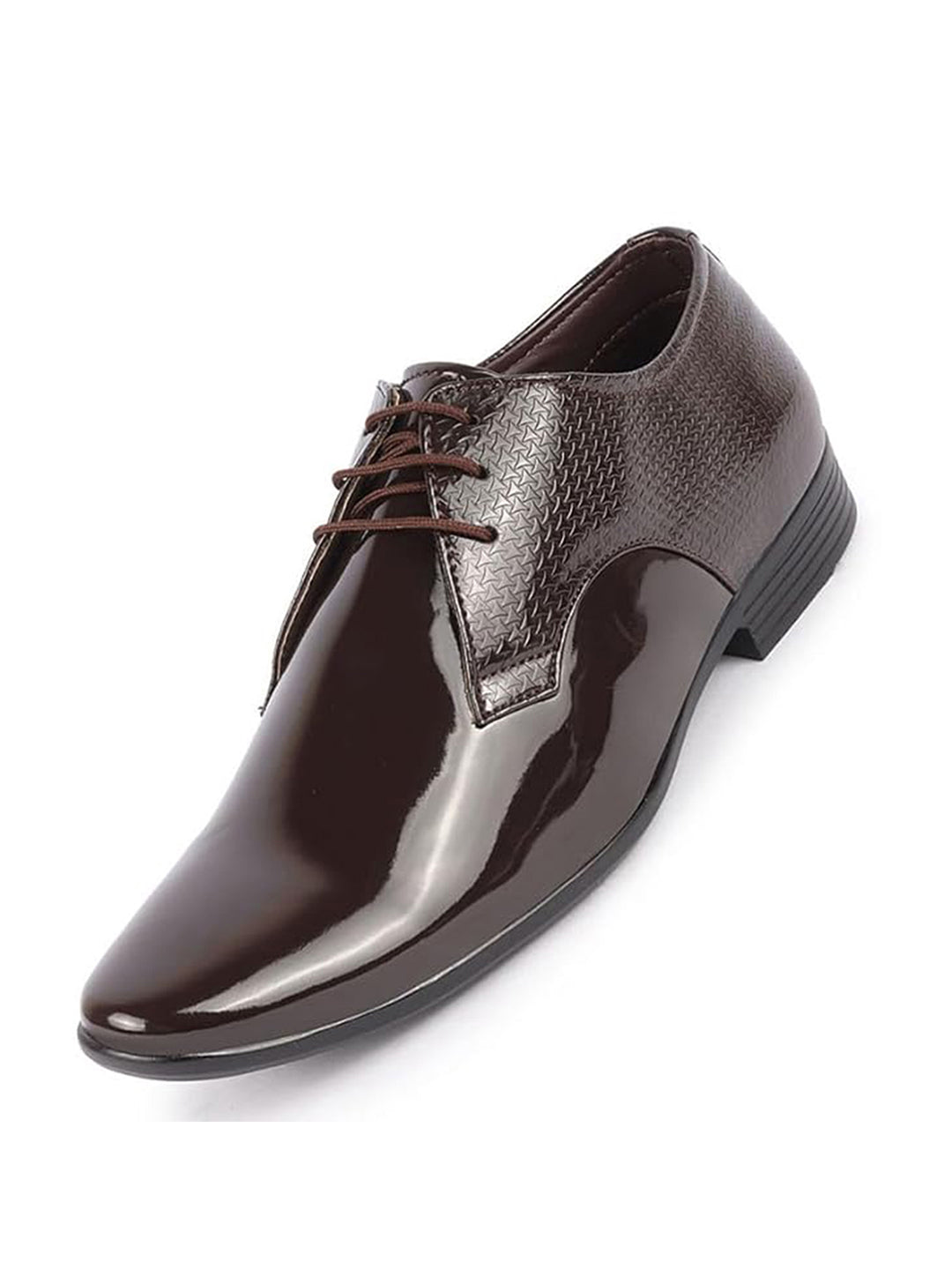 Men Brown Patent Leather Shine Textured Print Pointed Toe Party Wedding Lace Up Derby Shoes