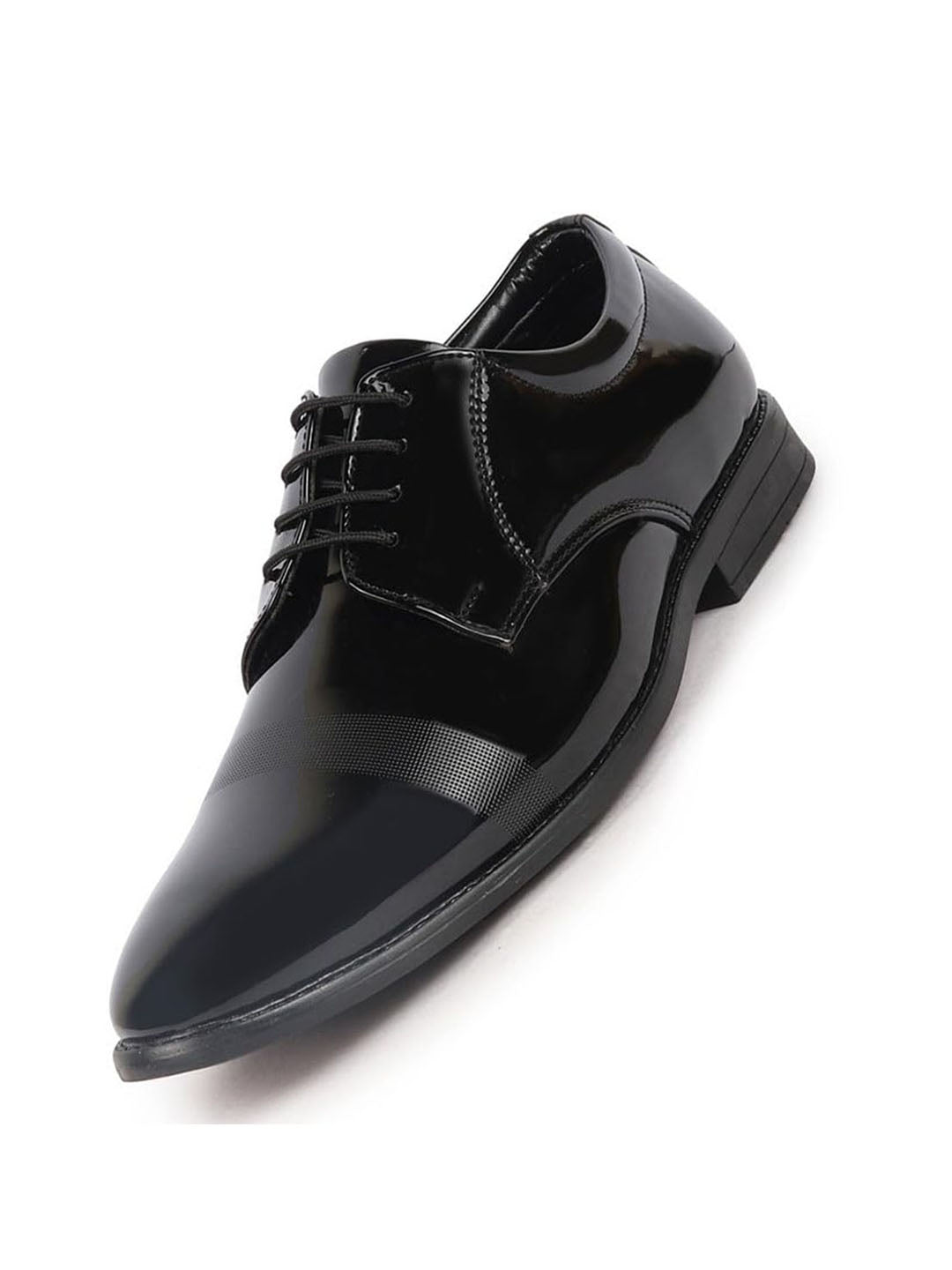 Men Black Patent Leather Party Formal Textured Strip Lace Up Shoes