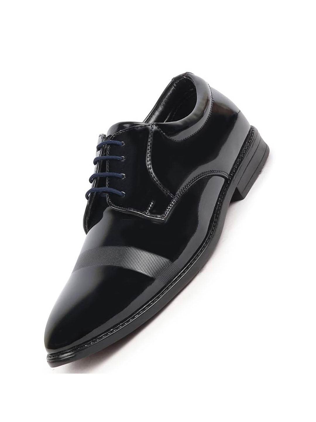 Shop Men Blue Patent Leather Party Formal Textured Strip Lace Up Shoes Online.