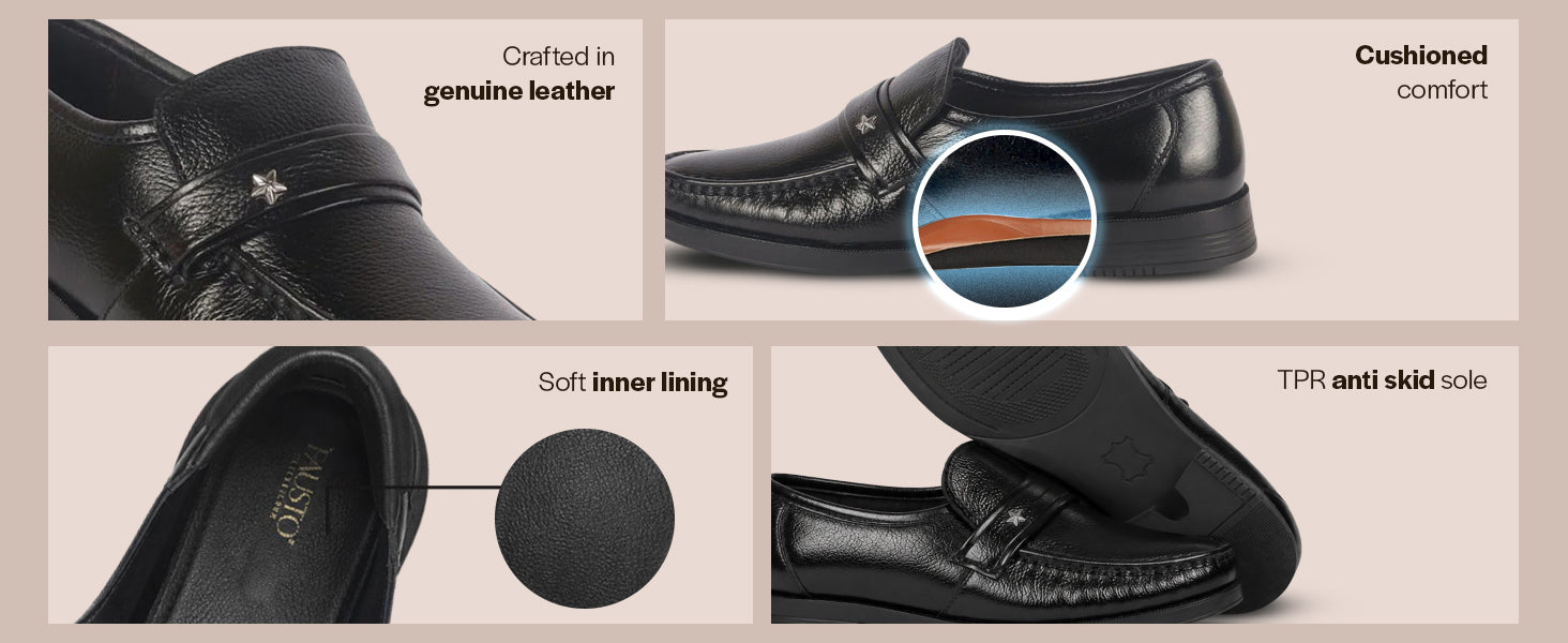 Men Black Genuine Leather Formal Slip On Moccasins Shoes for Office|Memory Cushion Meeting Slip-Ons