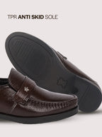 men brown genuine leather formal slip on moccasins shoes for office|memory cushion meeting slip-ons