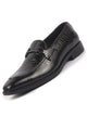 Men Black Genuine Leather Horsebit Buckle Textured Office Formal Slip On Shoes|Slip Resistant Sole with Memory Cushioned