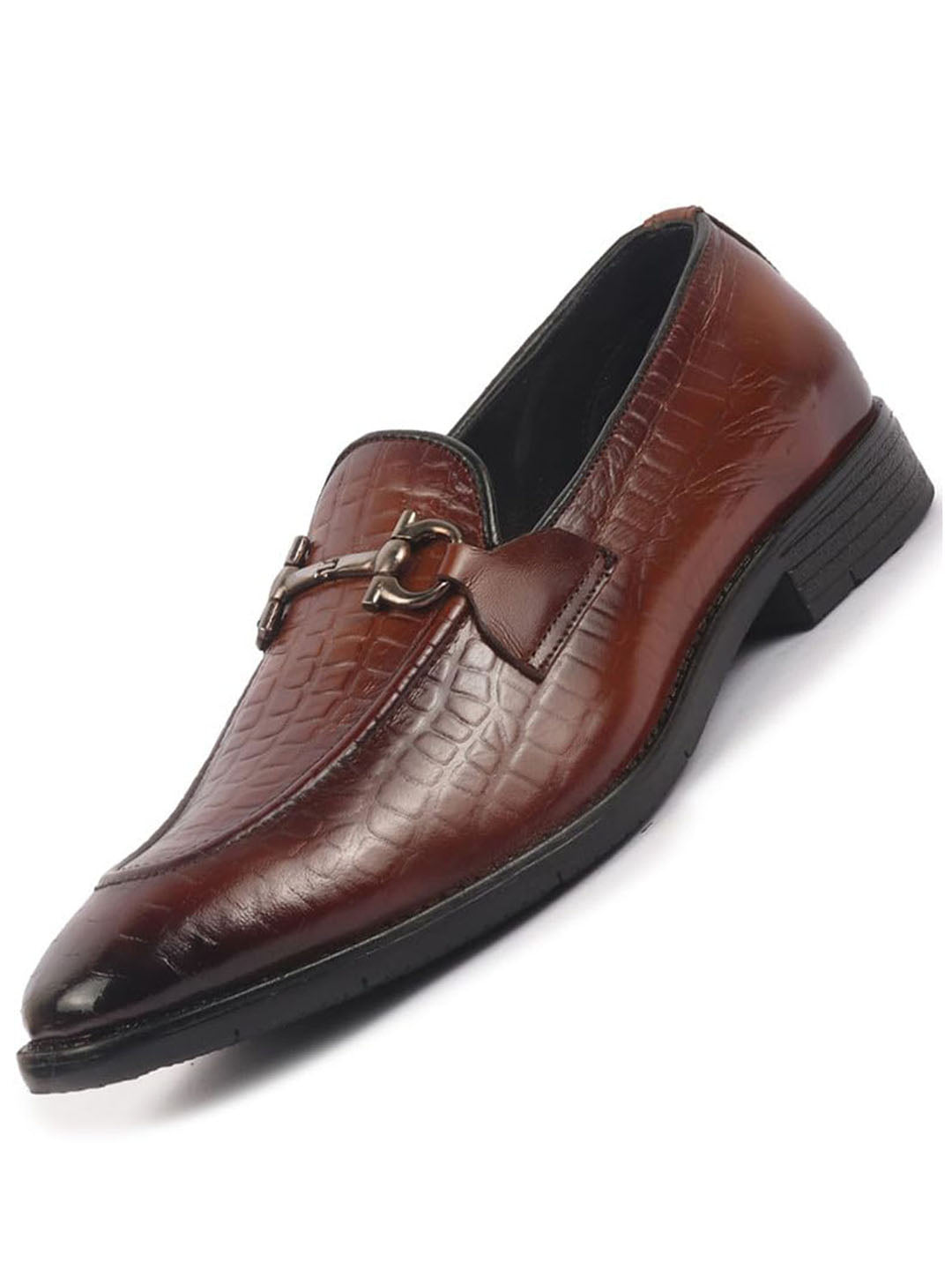 Men Tan Genuine Leather Horsebit Buckle Textured Office Formal Slip On Shoes|Slip Resistant Sole with Memory Cushioned