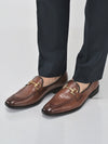 Men Tan Genuine Leather Horsebit Buckle Textured Office Formal Slip On Shoes|Slip Resistant Sole with Memory Cushioned