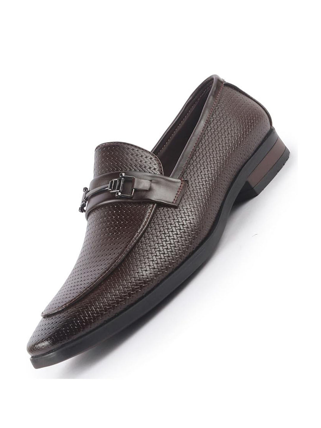 men brown horsebit buckle textured classic party formal slip on shoes