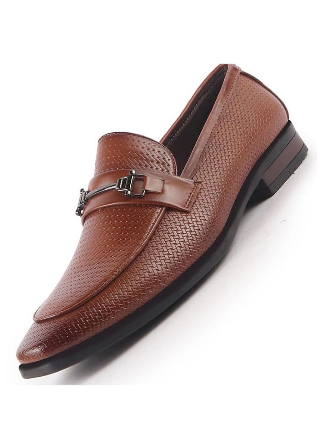 Men Tan Horsebit Buckle Textured Classic Party Formal Slip On Shoes|Memory Cushioned Insole Loafers for Office, Meeting, Wedding|All Day Comfort
