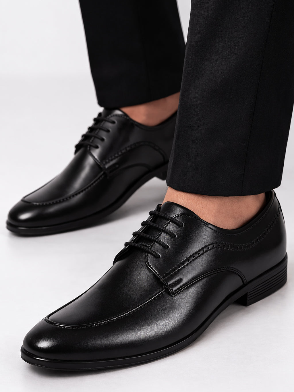 Men Black Premium Formal Round Toe Lace-Up Shoes | Classic Derby Style Office Dress Shoes with Memory Cushioned Insole | Anti-Slip TPR Sole