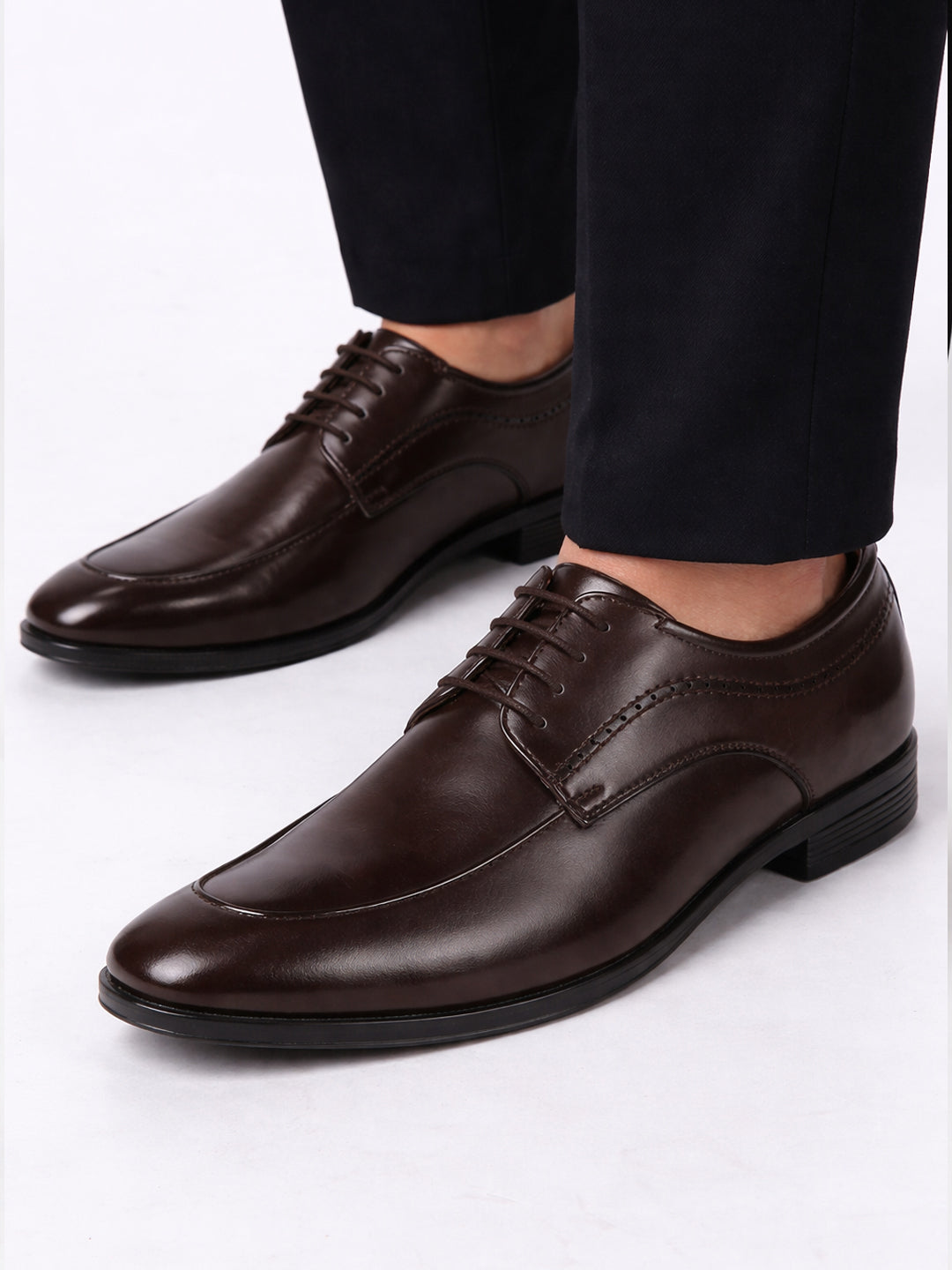 Men Brown Premium Formal Round Toe Lace-Up Shoes | Classic Derby Style Office Dress Shoes with Memory Cushioned Insole | Anti-Slip TPR Sole