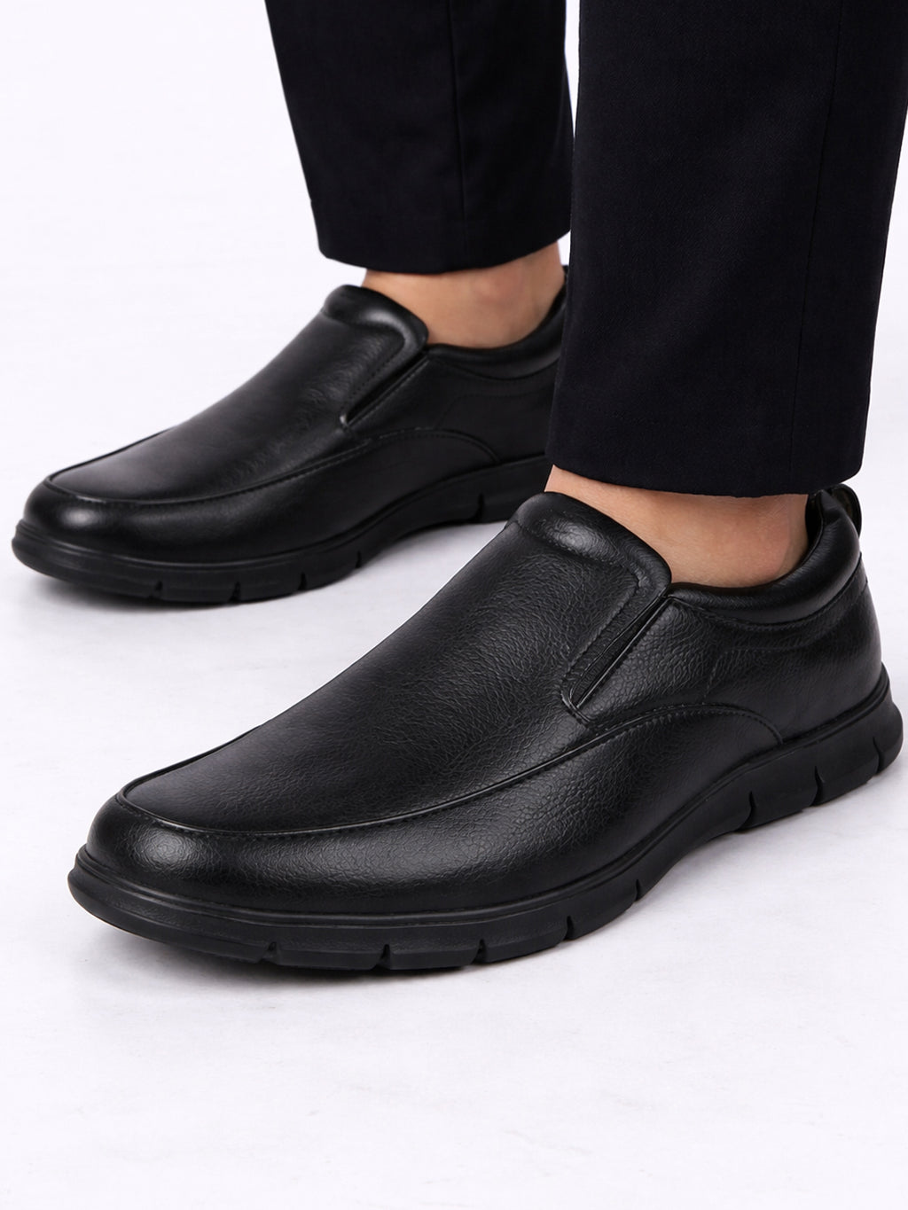 Men Black Premium Finish Round Toe Formal Slip-On Shoes|Comfort Office Loafers with Memory Cushioned Insole|Broad Feet Ultra Lightweight Anti-Skid Sole
