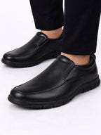 Men Black Premium Finish Round Toe Formal Slip-On Shoes|Comfort Office Loafers with Memory Cushioned Insole|Broad Feet Ultra Lightweight Anti-Skid Sole
