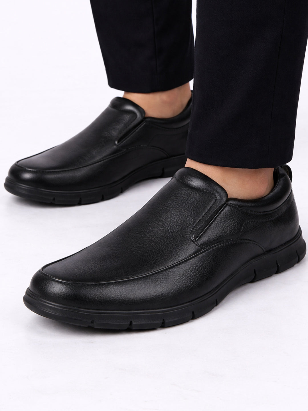 Men Black Premium Finish Round Toe Formal Slip-On Shoes|Comfort Office Loafers with Memory Cushioned Insole|Broad Feet Ultra Lightweight Anti-Skid Sole
