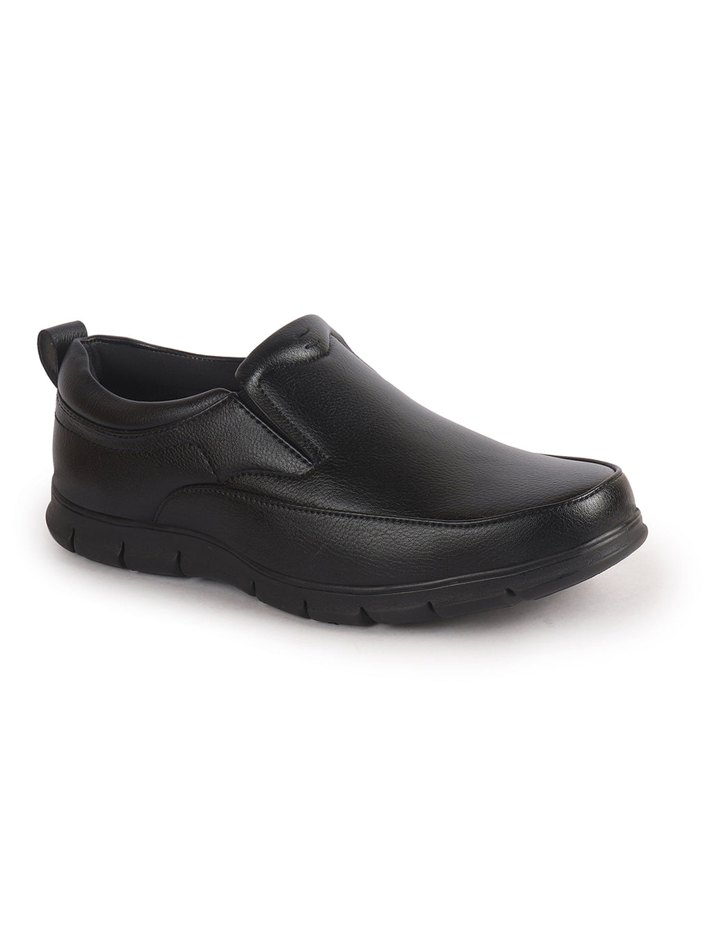 Men Black Premium Finish Round Toe Formal Slip-On Shoes|Comfort Office Loafers with Memory Cushioned Insole|Broad Feet Ultra Lightweight Anti-Skid Sole