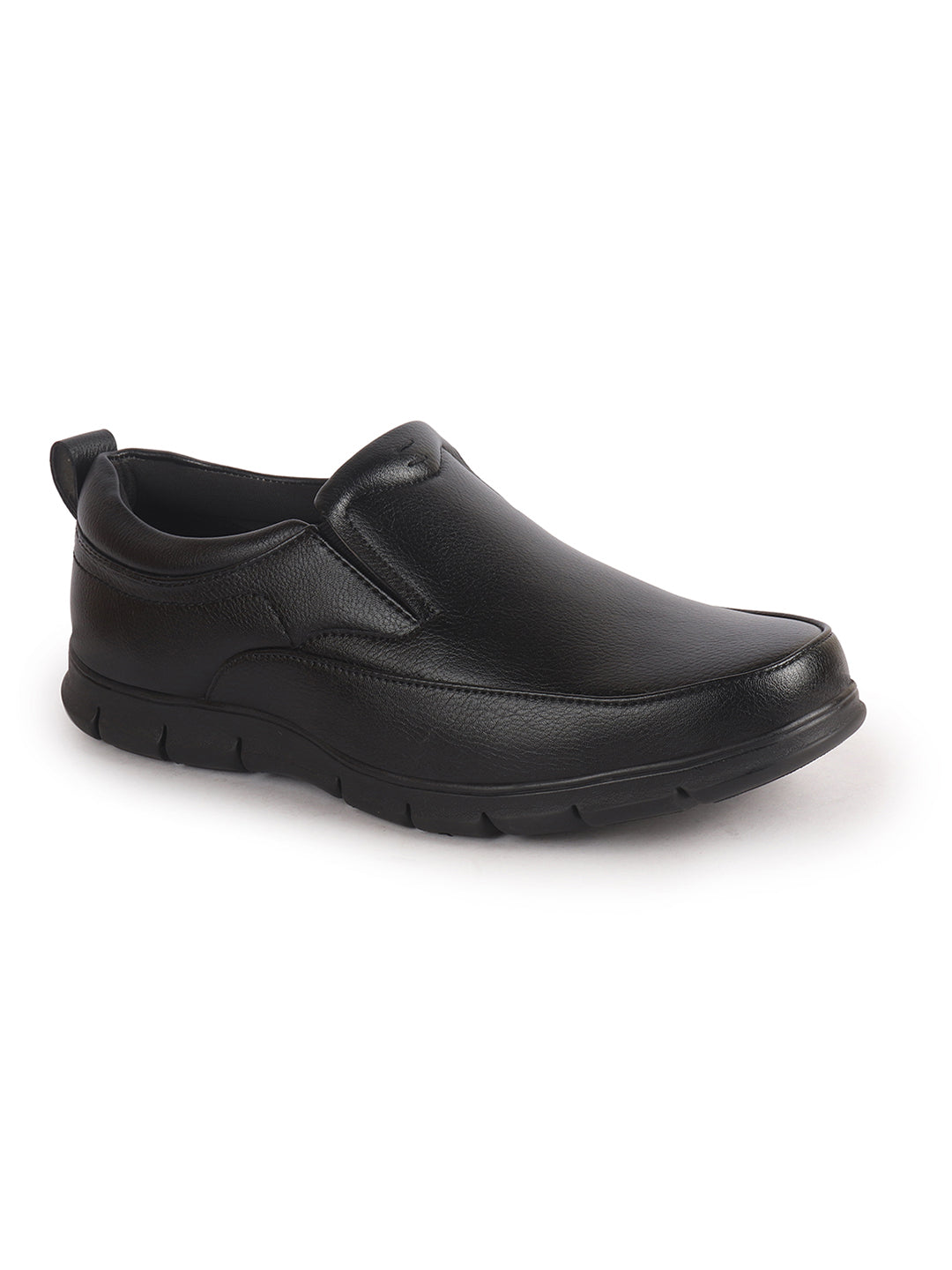 Men Black Premium Finish Round Toe Formal Slip-On Shoes|Comfort Office Loafers with Memory Cushioned Insole|Broad Feet Ultra Lightweight Anti-Skid Sole