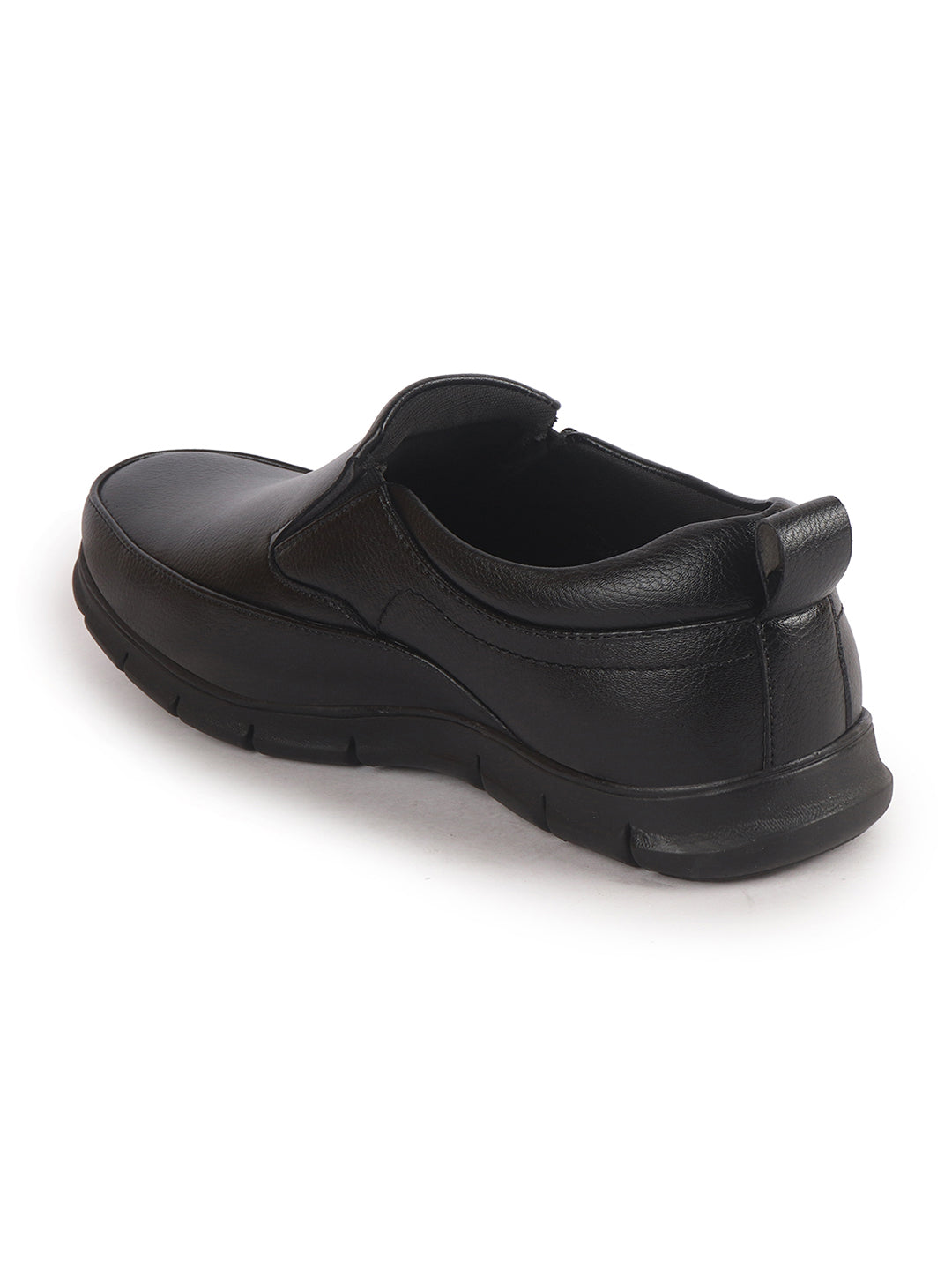Men Black Premium Finish Round Toe Formal Slip-On Shoes|Comfort Office Loafers with Memory Cushioned Insole|Broad Feet Ultra Lightweight Anti-Skid Sole