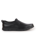 Men Black Premium Finish Round Toe Formal Slip-On Shoes|Comfort Office Loafers with Memory Cushioned Insole|Broad Feet Ultra Lightweight Anti-Skid Sole