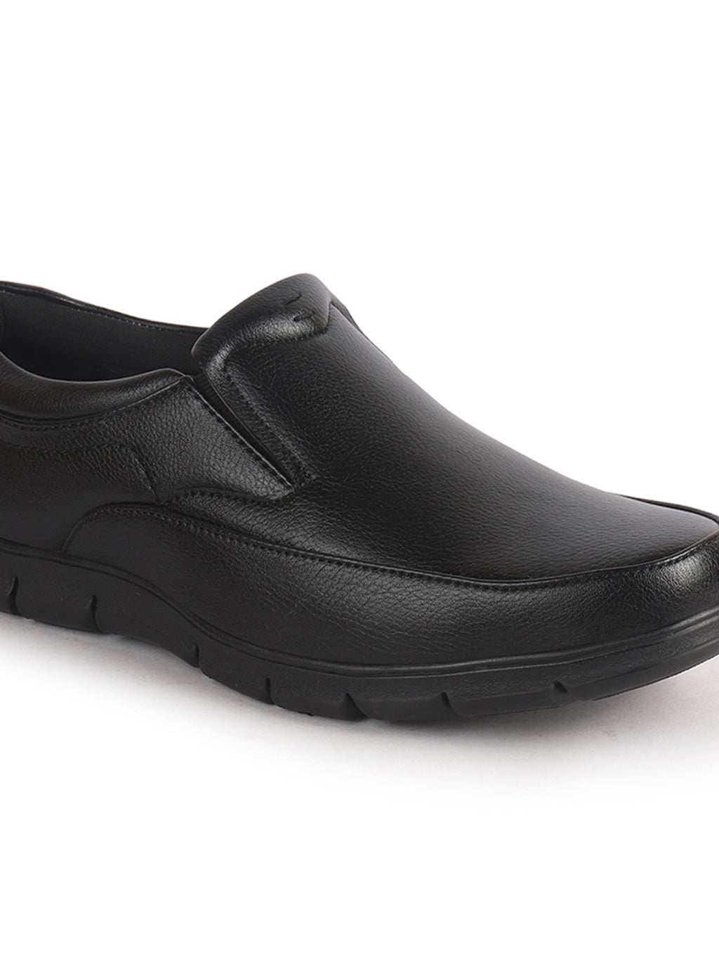 Men Black Premium Finish Round Toe Formal Slip-On Shoes|Comfort Office Loafers with Memory Cushioned Insole|Broad Feet Ultra Lightweight Anti-Skid Sole