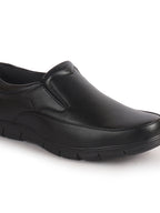 Men Black Premium Finish Round Toe Formal Slip-On Shoes|Comfort Office Loafers with Memory Cushioned Insole|Broad Feet Ultra Lightweight Anti-Skid Sole