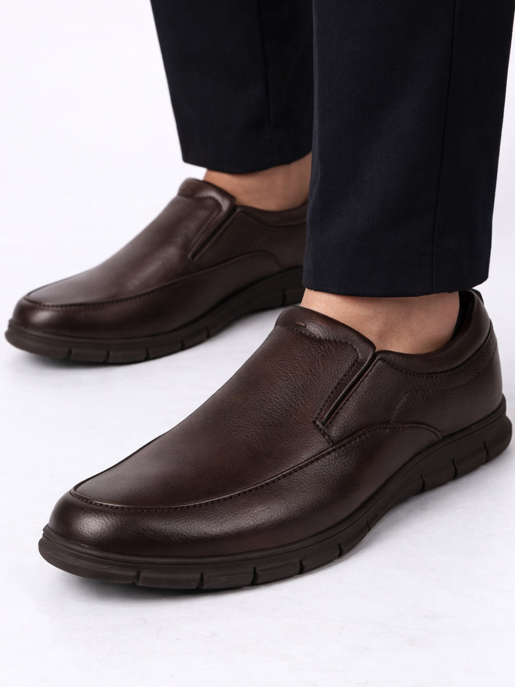 Men Brown Premium Finish Round Toe Formal Slip-On Shoes|Comfort Office Loafers with Memory Cushioned Insole|Broad Feet Ultra Lightweight Anti-Skid Sole