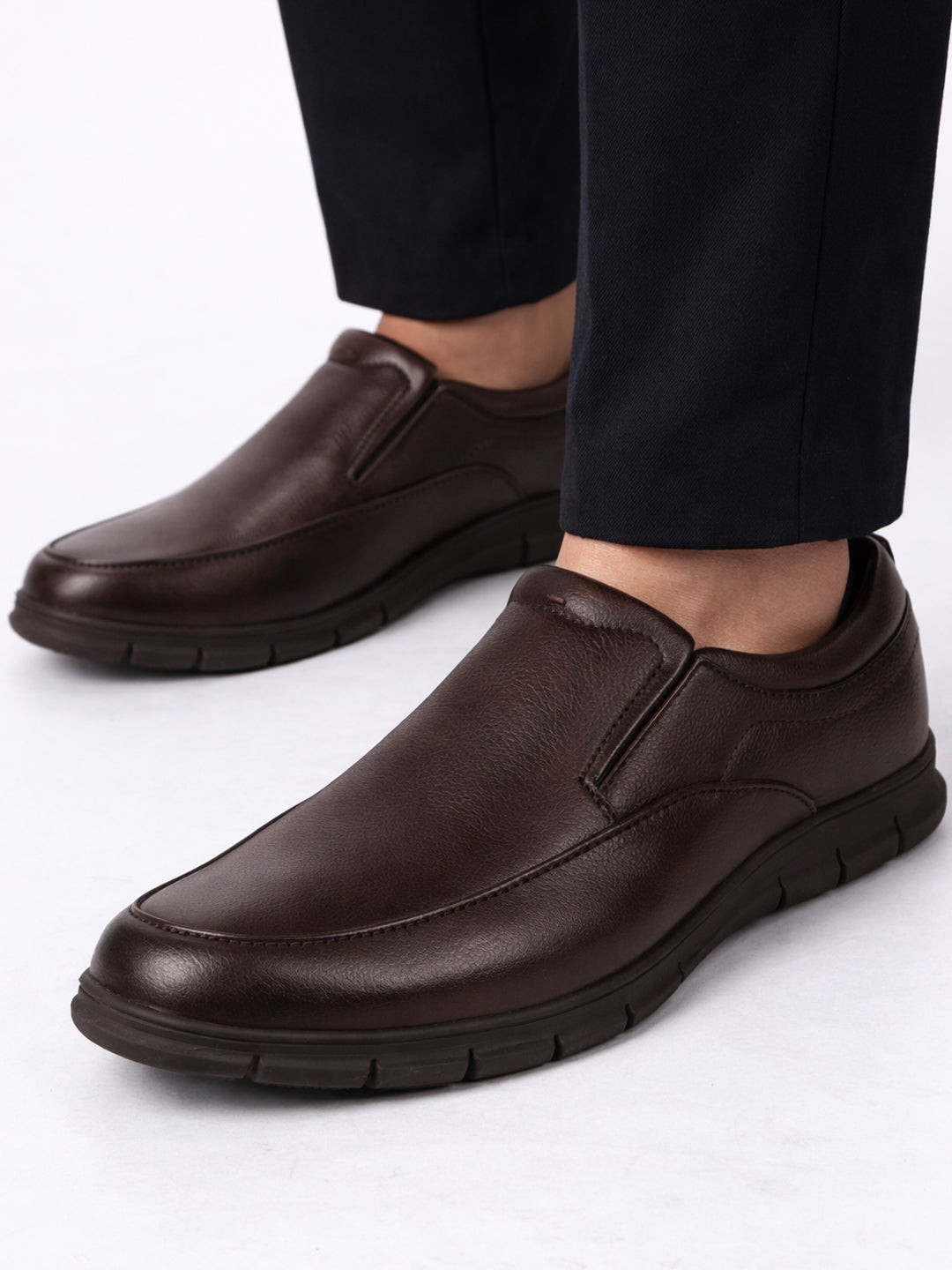 Men Brown Premium Finish Round Toe Formal Slip-On Shoes|Comfort Office Loafers with Memory Cushioned Insole|Broad Feet Ultra Lightweight Anti-Skid Sole