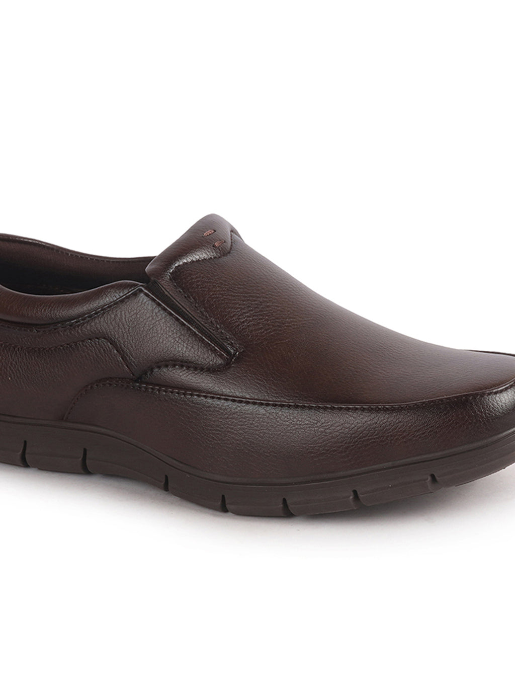 Men Brown Premium Finish Round Toe Formal Slip-On Shoes|Comfort Office Loafers with Memory Cushioned Insole|Broad Feet Ultra Lightweight Anti-Skid Sole