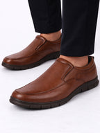 Men Tan Premium Finish Round Toe Formal Slip-On Shoes|Comfort Office Loafers with Memory Cushioned Insole|Broad Feet Ultra Lightweight Anti-Skid Sole