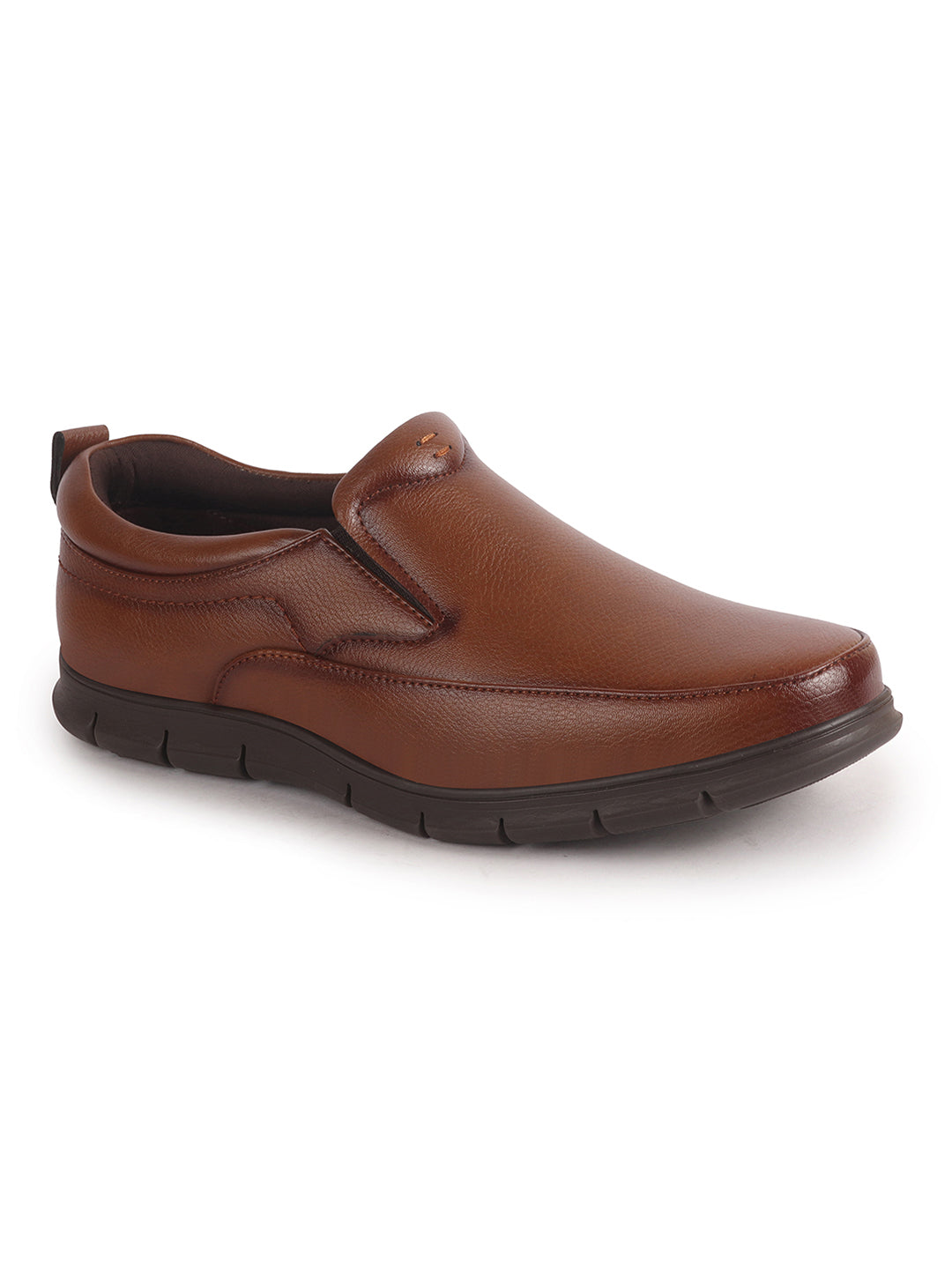 Men Tan Premium Finish Round Toe Formal Slip-On Shoes|Comfort Office Loafers with Memory Cushioned Insole|Broad Feet Ultra Lightweight Anti-Skid Sole