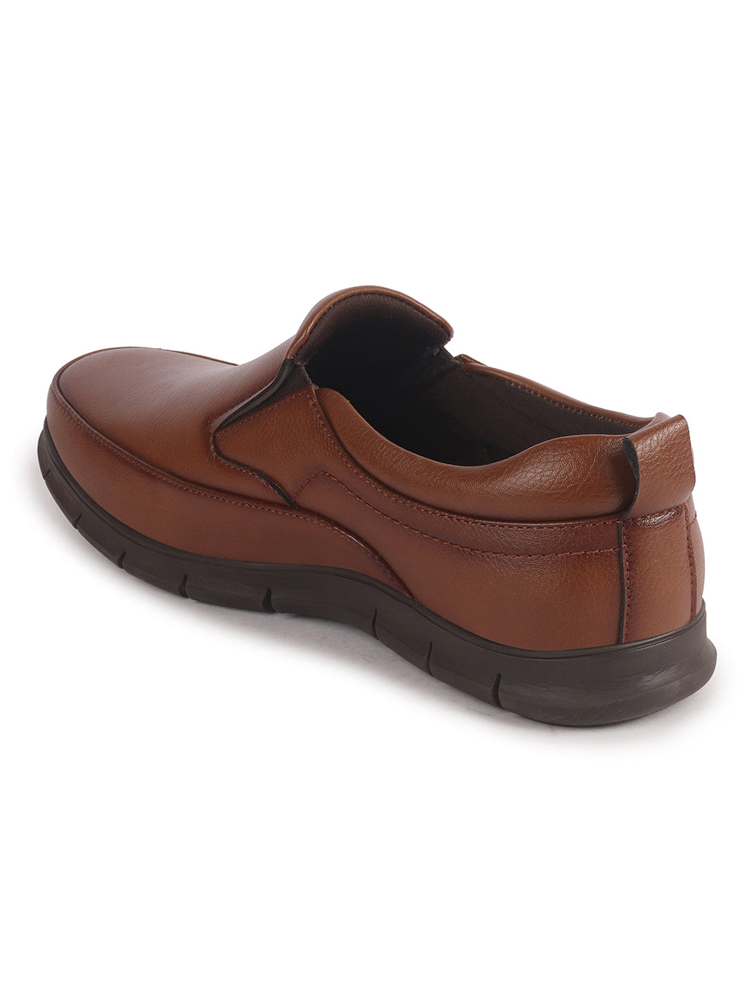 Men Tan Premium Finish Round Toe Formal Slip-On Shoes|Comfort Office Loafers with Memory Cushioned Insole|Broad Feet Ultra Lightweight Anti-Skid Sole