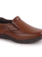 Men Tan Premium Finish Round Toe Formal Slip-On Shoes|Comfort Office Loafers with Memory Cushioned Insole|Broad Feet Ultra Lightweight Anti-Skid Sole