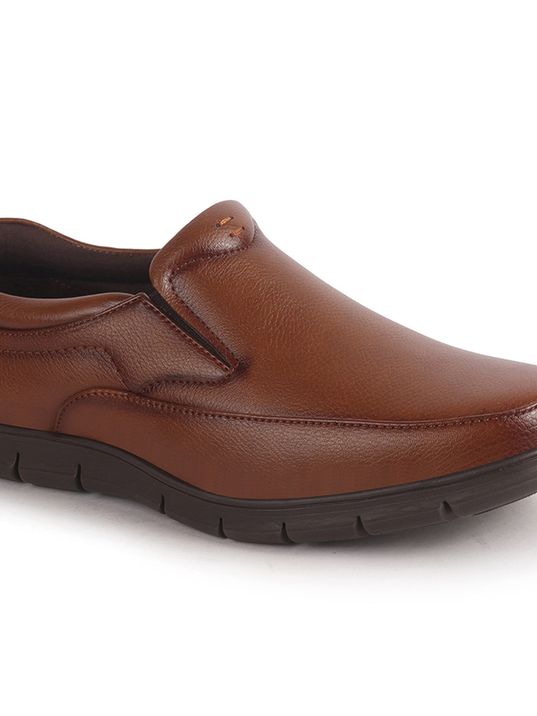 Men Tan Premium Finish Round Toe Formal Slip-On Shoes|Comfort Office Loafers with Memory Cushioned Insole|Broad Feet Ultra Lightweight Anti-Skid Sole