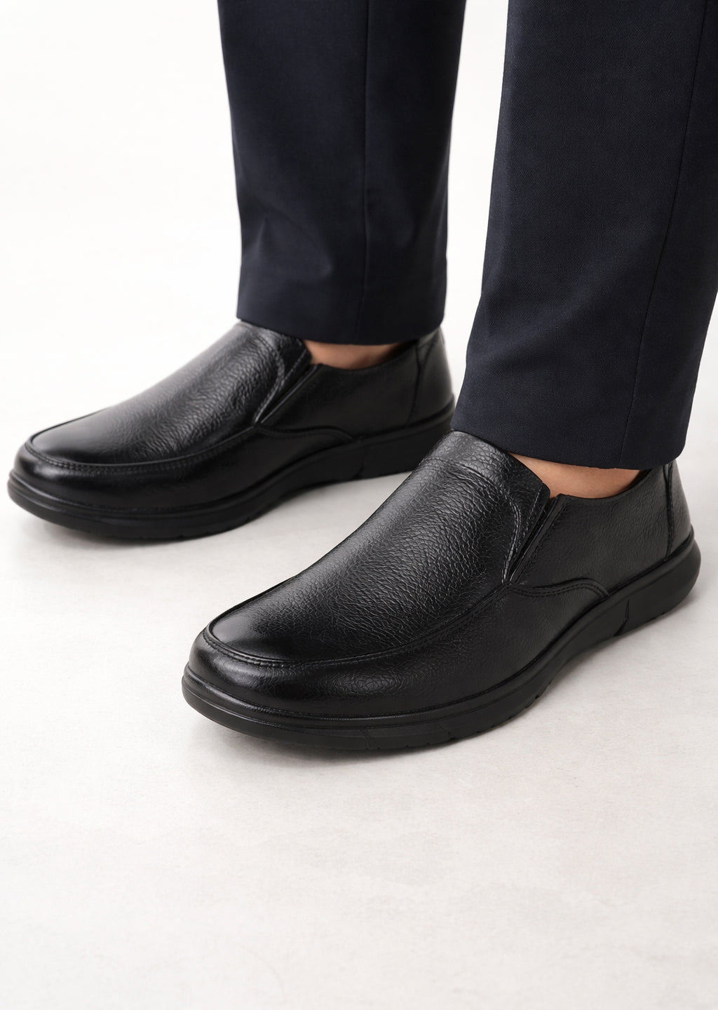 Men Black Genuine Leather Formal Slip-On Loafer Shoes|Superior Comfort and Shock Absorption Memory Cushioned Insole|Broad Feet Lightweight Anti-Skid Sole